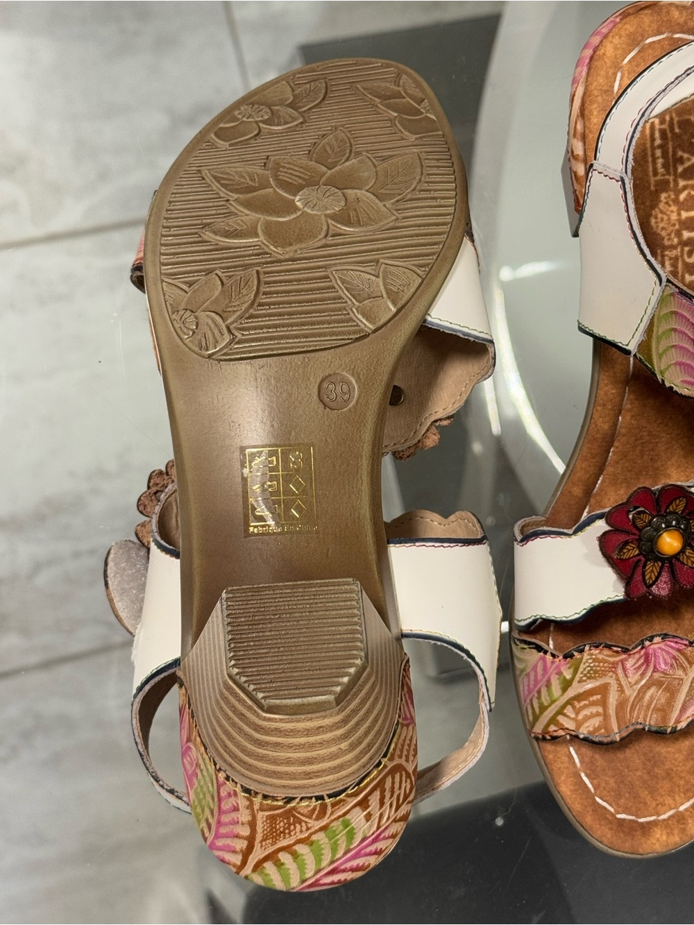 Leather Floral Embellished Women's Sandals - Pink/Tan - Picture 3 of 5